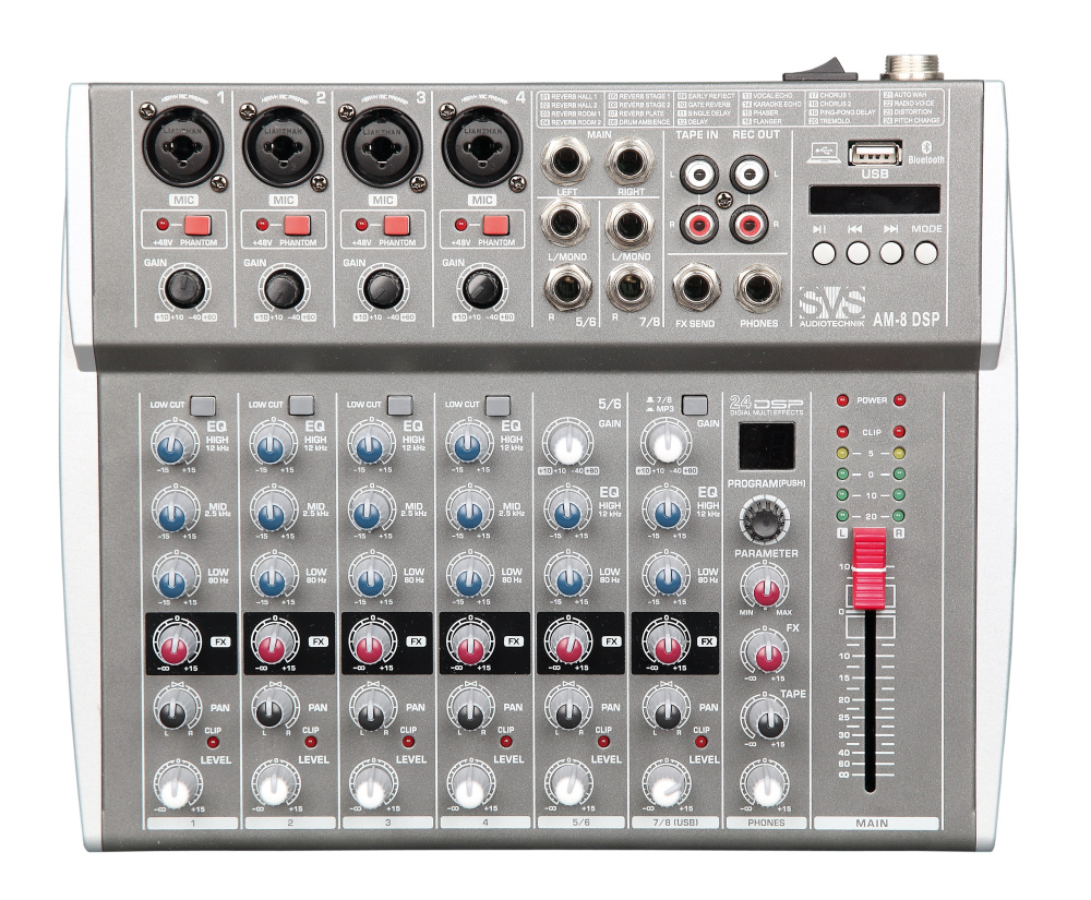 SVS Audiotechnik AM-8 DSP Микшерный пульт аналоговый, 8-канальный, 24 DSP эффекта, USB интерфейс Изображение SVS Audiotechnik AM-8 DSP Микшерный пульт аналоговый, 8-канальный, 24 DSP эффекта, USB интерфейс