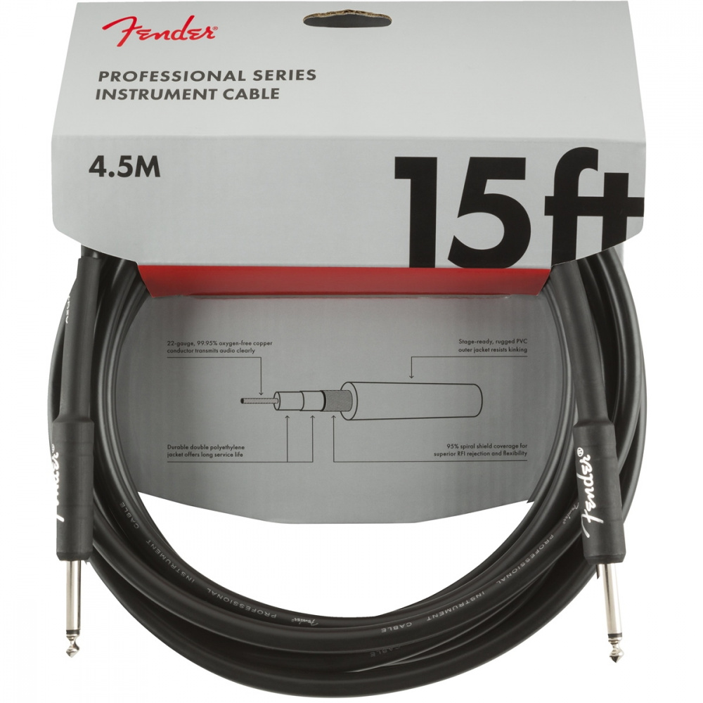 Изображение FENDER 15' INST CABLE BLK инструментальный кабель 4,6 м, прямые разъемы 1/4'