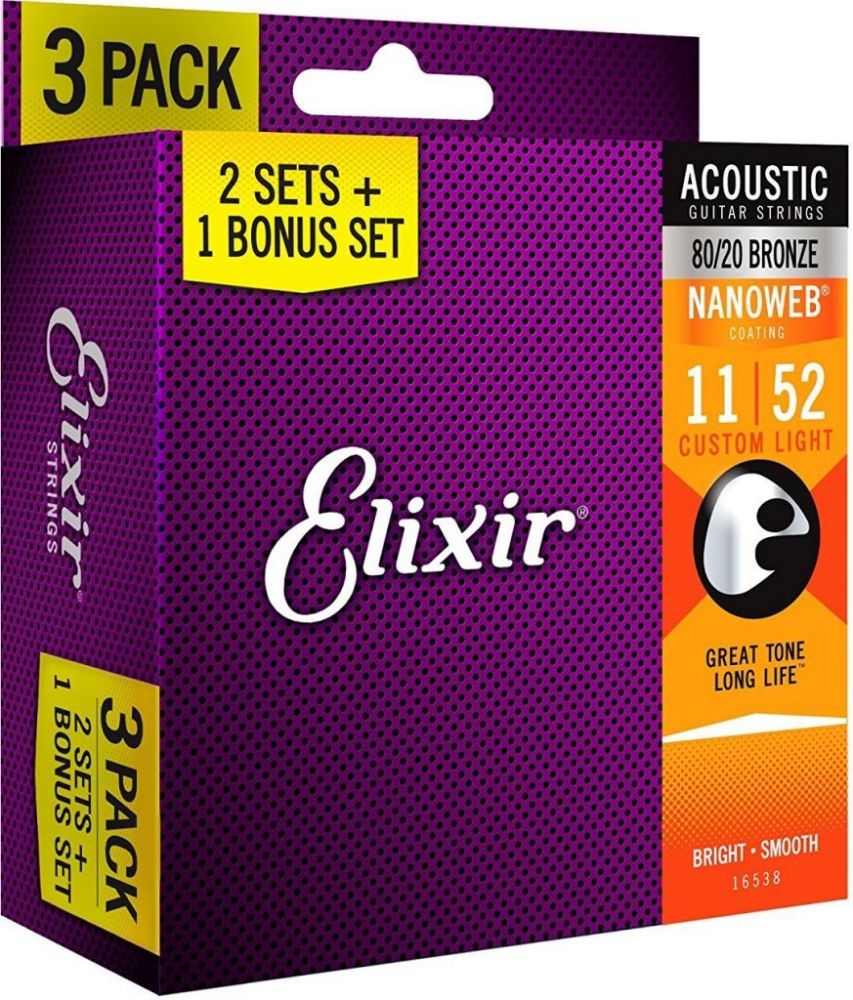 Изображение ELIXIR 16538 NANOWEB Струны для акустической гитары, 3 комплекта, Custom Light, бр. 80/20, 011-052
