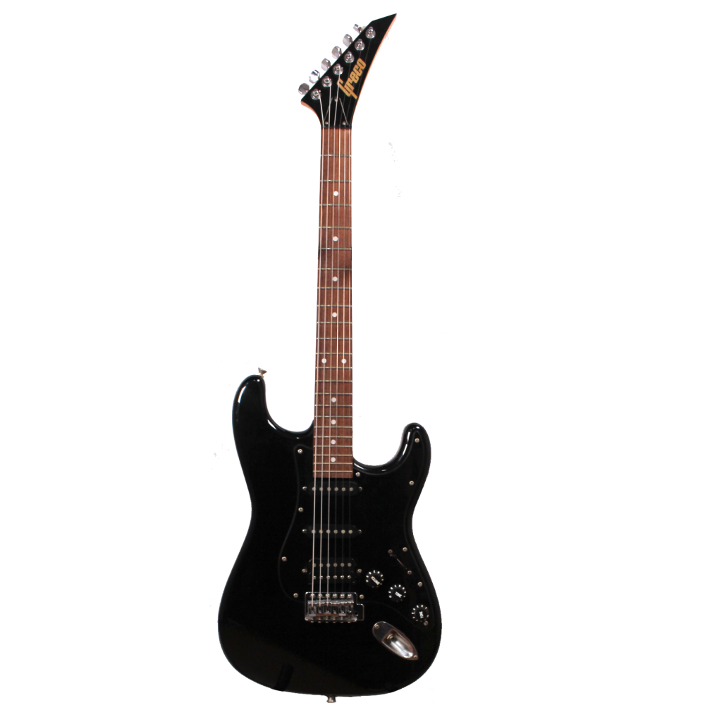 Greco Stratocaster Электрогитара б/у, HSS, черный, черный пикгард, черные датчики, острая голова Изображение Greco Stratocaster Электрогитара б/у, HSS, черный, черный пикгард, черные датчики, острая голова