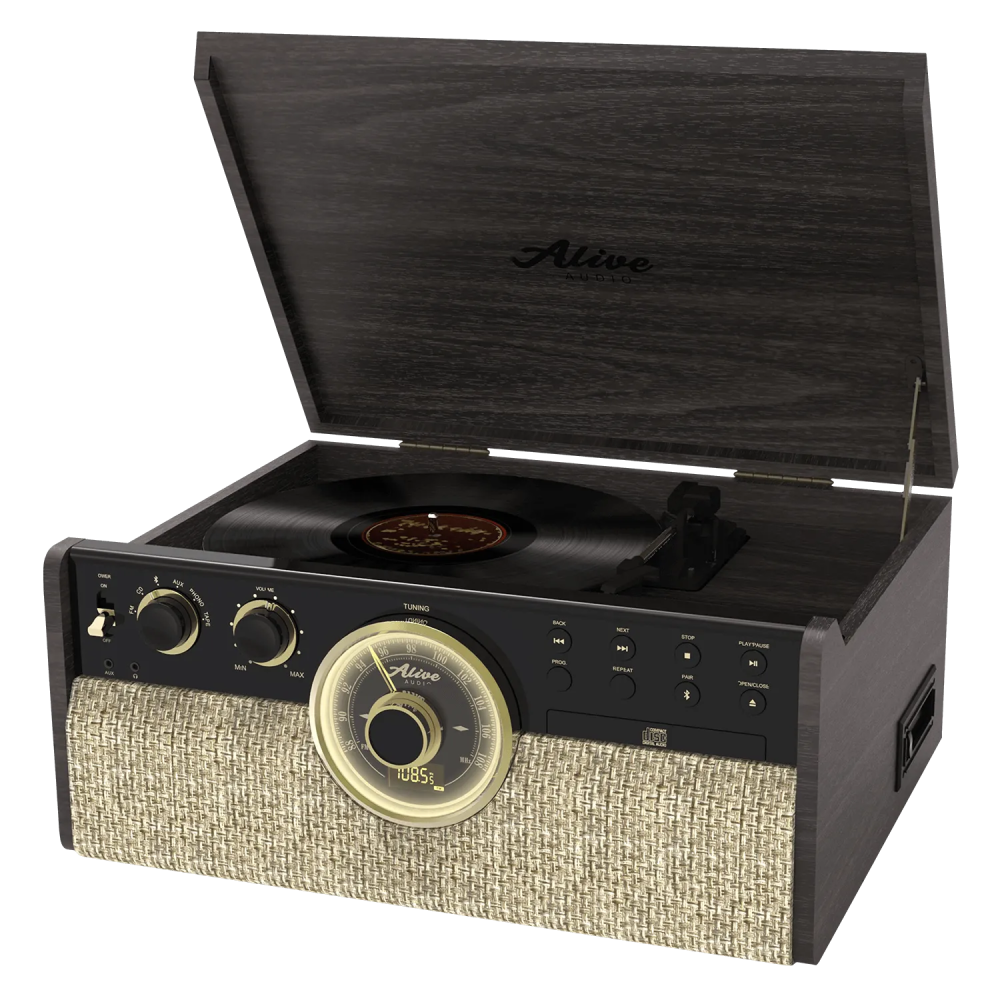 Alive Audio Great Gatsby Dark Wood Виниловый проигрыватель (CD, FM-радио, кассетник, Bluetooth, встр Изображение Alive Audio Great Gatsby Dark Wood Виниловый проигрыватель (CD, FM-радио, кассетник, Bluetooth, встр
