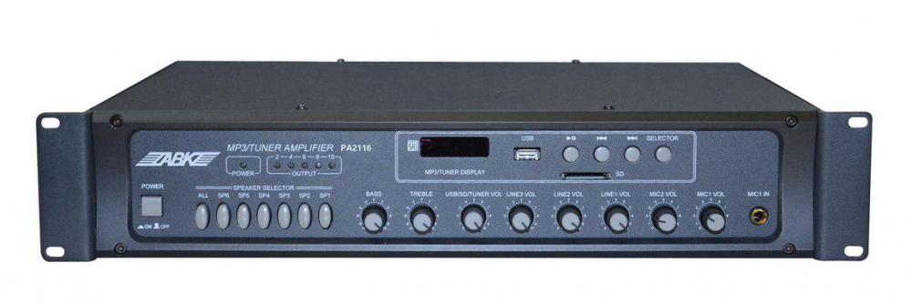 Изображение ABK PA-2106 Микшер-усилитель 6 зон, USB/SD/FM плеер, вход: 2 микрофонных входа, 3 AUX вх., 1 AUX вых