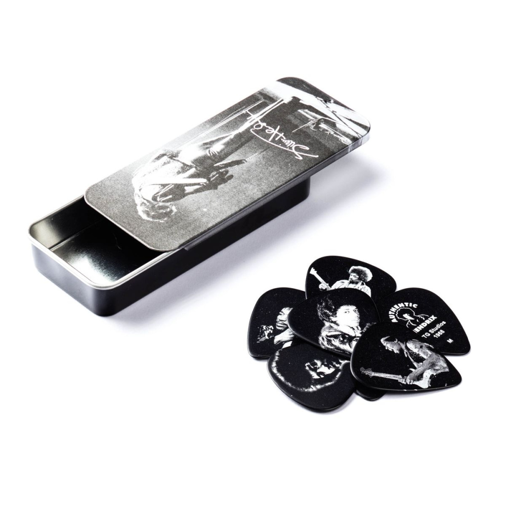 Изображение DUNLOP JHPTR06M Jimi Hendrix Silver Portrait Pick Tin Медиаторы 12 шт, средние, в коробочке