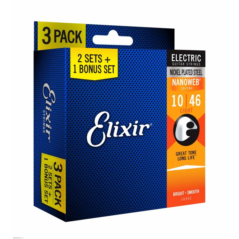 Изображение ELIXIR 16542 NANOWEB Cтруны для электрогитары, Super Light, 10-46, 3 комплекта