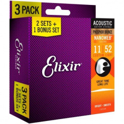 Изображение ELIXIR 16544 NANOWEB Струны для акустической гитары, 3 комплекта, Custom Light, фосфор. бр., 011-052